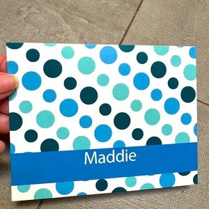 NWT personalized “Maddie” notecards w fun blue polka dots: 46 cards w envelopes!